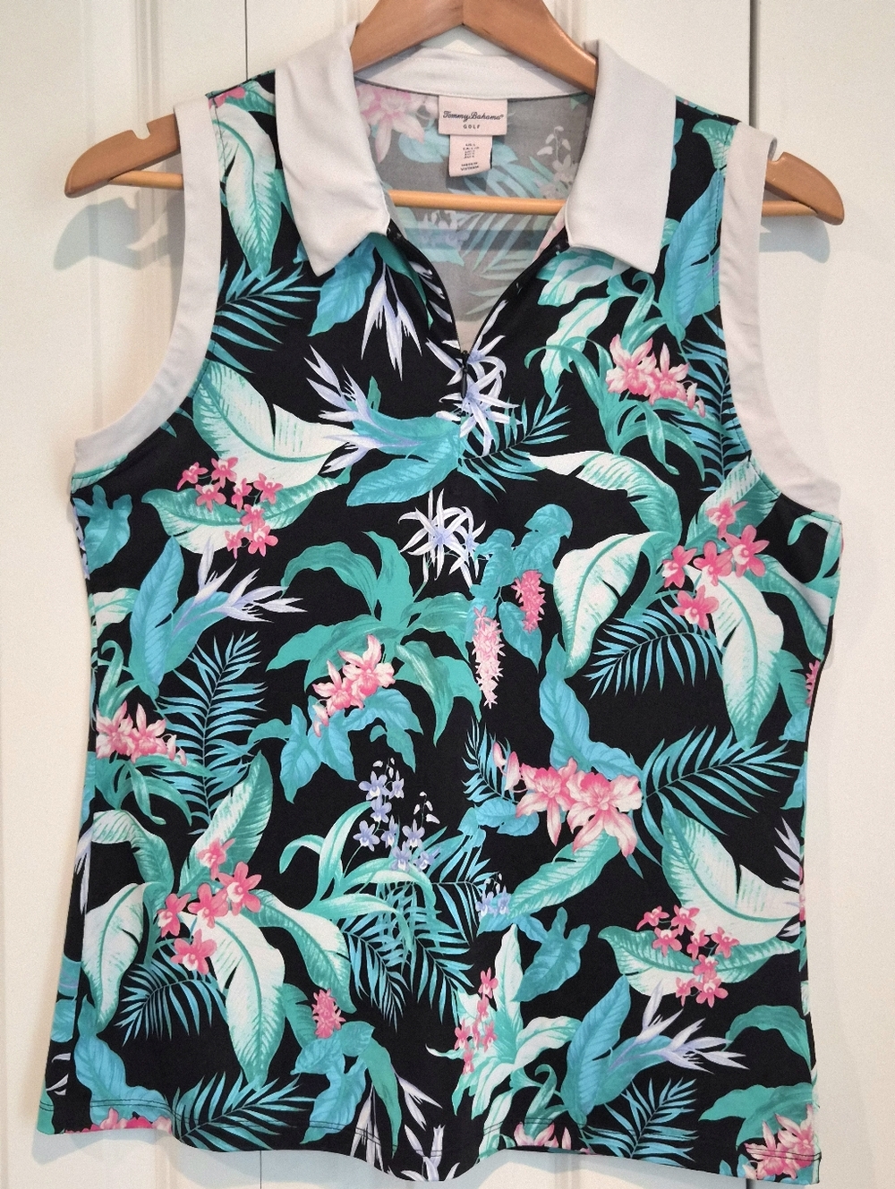 Tommy Bahama Black Tropical Floral Sleeveless Golf Polo Tank - Teal & Pink